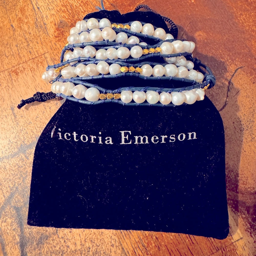 Victoria Emerson Blue And Gold Pearl Wrap Bracelet